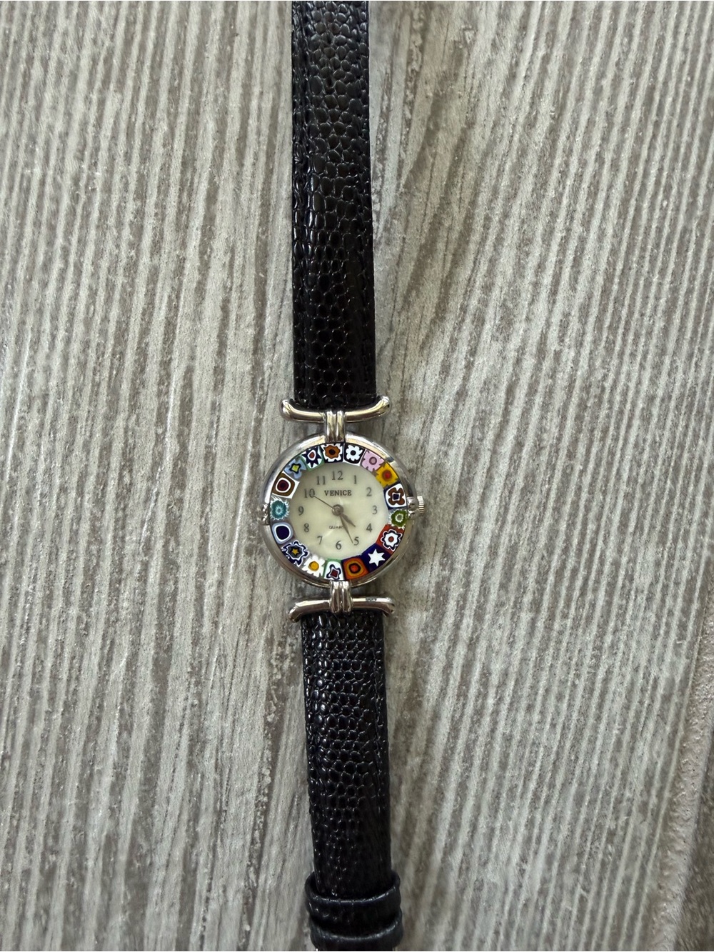 Venice Murano Women Italian Glass Watch Silvr Tone Blk Leathr Band Needs Battery